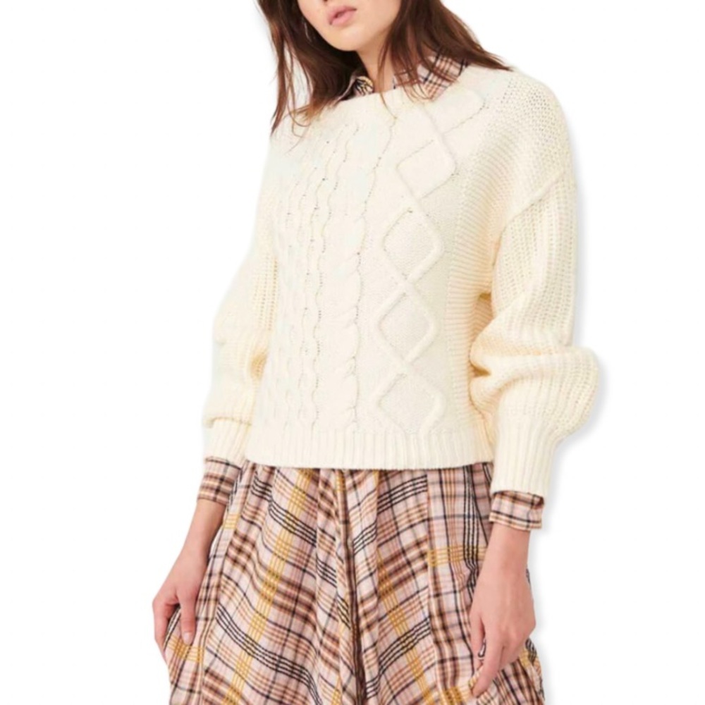 Free People Dream Cable Crewneck  Sweater Cream